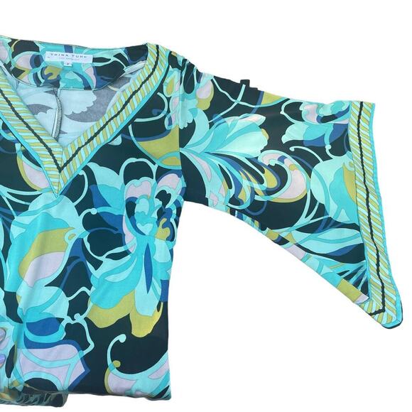 TRINA TURK Silk Blue/Green Printed Sheath V-Neck Tunic Dress -Size 2 - Picture 14 of 15
